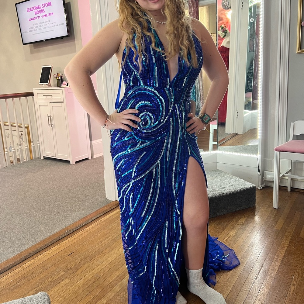 Elegant Blue Sequin Prom Dress - Picture 8 of 12